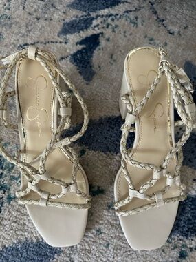 Jessica Simpson Cream Braided Strap Block Heel Sandals with Ankle Wrap